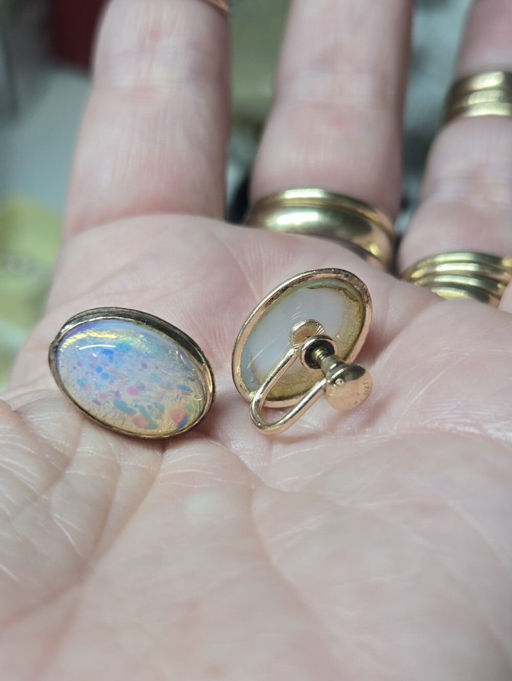 Vintage Gold Filled Opalescent Oval Clip-On Earrings - Iridescent White